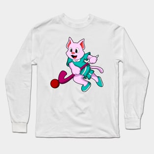 Cat at Hockey with Hockey stick Long Sleeve T-Shirt